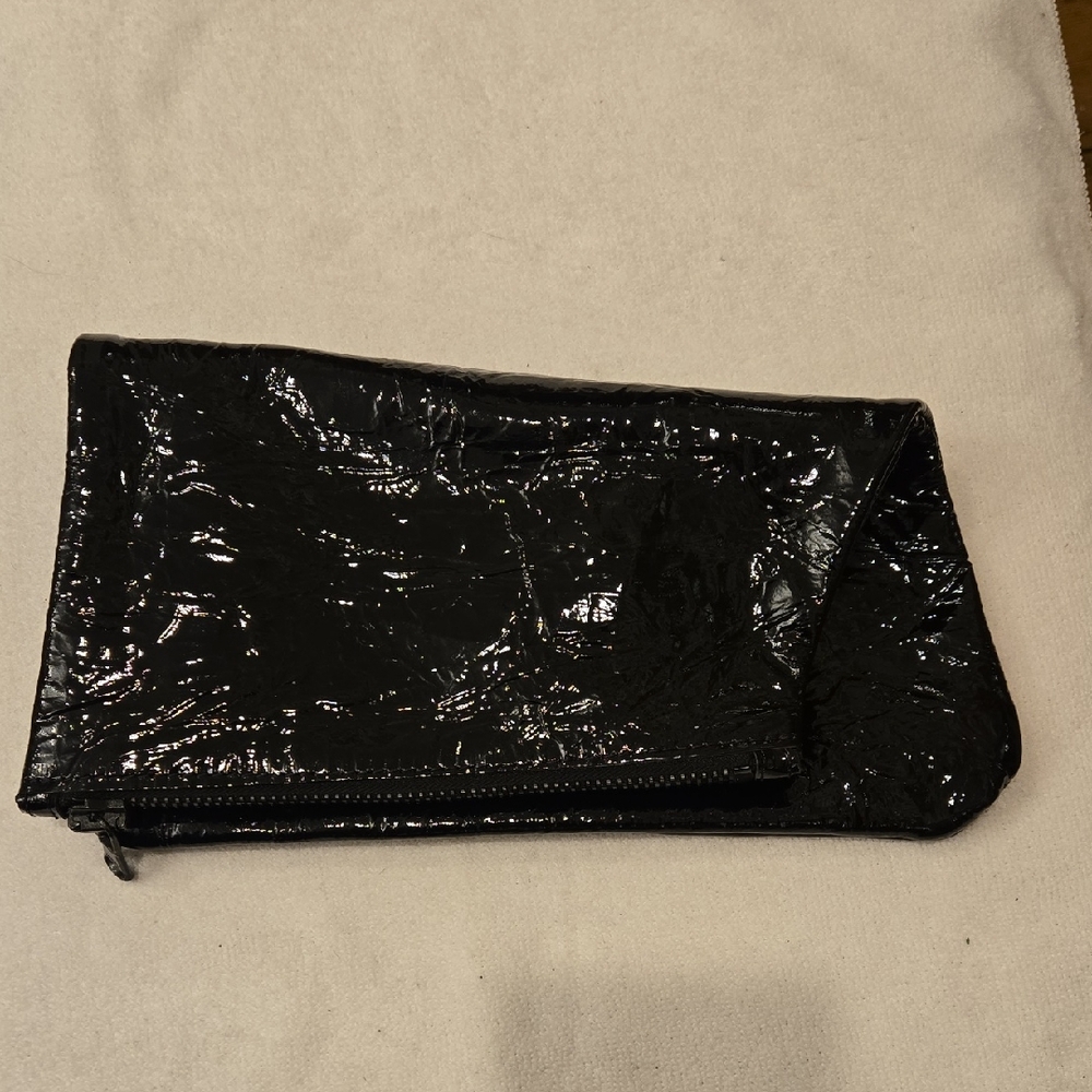 Patent Leather Foldover Clutch Bag Black Shiny Textured Evening Purse